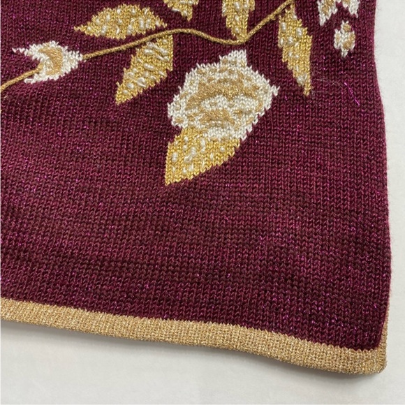 Vintage Metallic Knit Sweater Vest Floral Beaded Plum Purple Gold Trim M/L - Picture 5 of 12